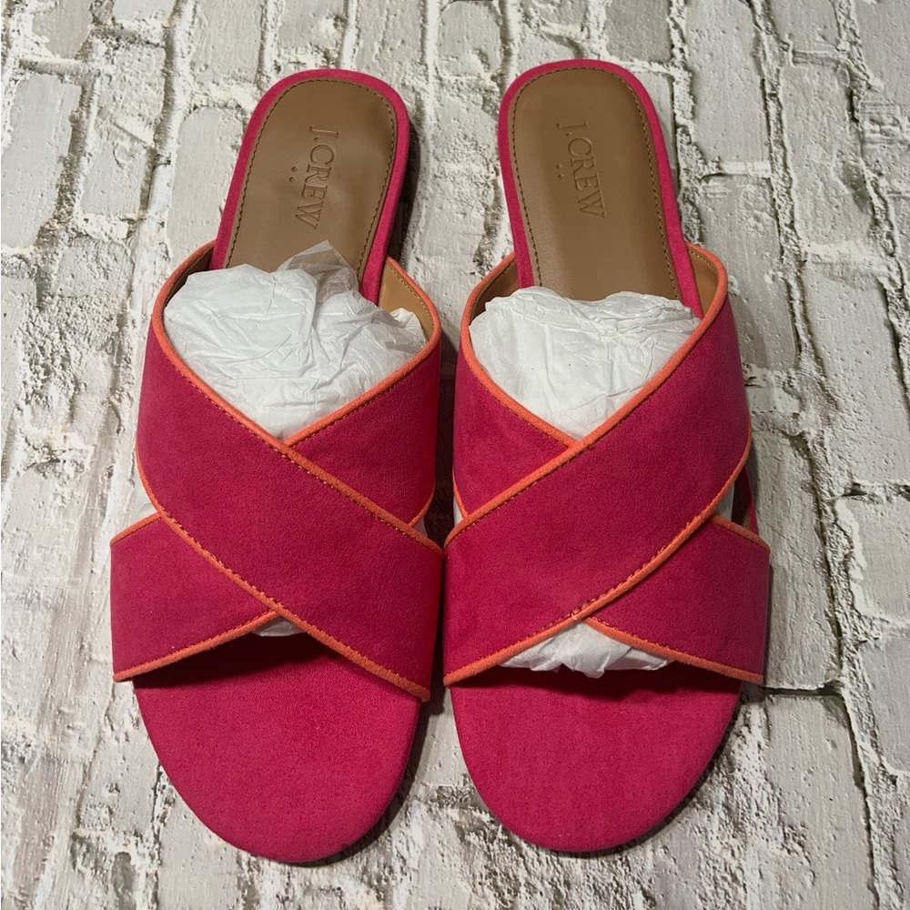 J. Crew Pink Suede Crossband Sandals with Orange Trim